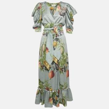 Pre Owned   Eugenia Fernandez Sage Green Printed Satin Palma Maxi Dress XS