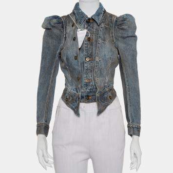 Pre Owned Faith Connexion Blue Denim Muddy Distressed Victorian Jacket XXS