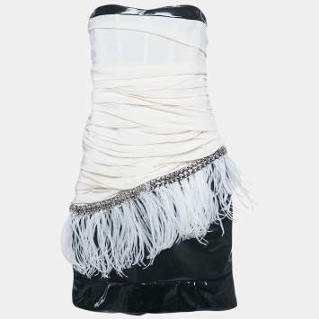 Pre Owned Faith Connexion Cream Silk & Contrast Faux Leather Detail Strapless Mini Dress M