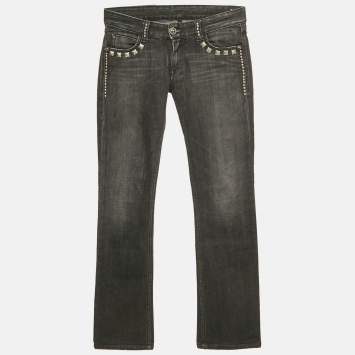 Pre Owned Faith Connexion Black Studded Denim Distressed Jeans S Waist 25"