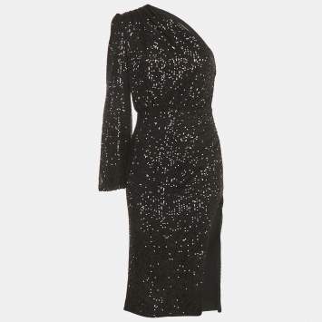 Pre Owned Fame and Partner Black Sequin One Shoulder Midi Dress S