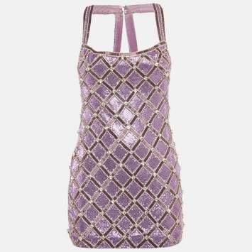Pre Owned Farda Purple Metallic Embroidered Back Drape Detail Mini Dress XXS