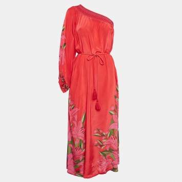 Pre Owned Farm Rio Red Floral Print Crepe Shirring One Shoulder Maxi Dress S