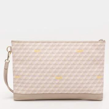 Pre Owned Faure Le Page Beige/Grey Coated Canvas and Leather Wristlet Pouch