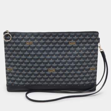 Pre Owned Faure Le Page Navy Blue Coated Canvas and Leather Wristlet Clutch