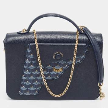 Pre Owned Fauré Le Page Navy Blue Leather and Coated Canvas Calibre 21 Top Handle Bag