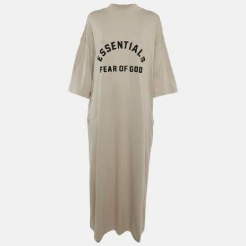 Pre Owned Fear of God Beige Logo Print Cotton Maxi Dress M