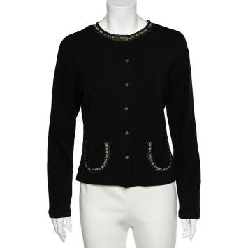 Pre Owned كارديجان فندي جينز أزرار أمامية تفاصيل حافة شعار تريكو صوف أسود مقاس كبير