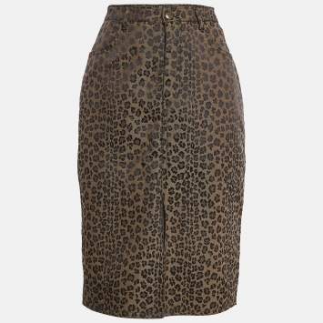 Pre Owned Fendi Jeans Vintage Brown Leopard Patterned Jacquard Midi Skirt L