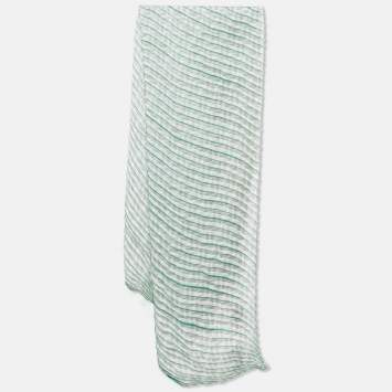 Pre Owned Fendi Grey/Green Stripe Zucca Print Satin Plisse Stole 