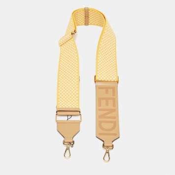 Pre Owned Fendi Yellow/Tan Embroidered Canvas and Leather Strap You Shoulder Bag Strap