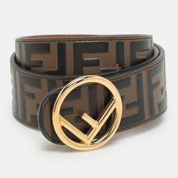 Fendi Brown Zucca Embossed Leather F Logo Round Buckle Belt 75CM