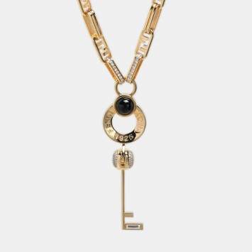 Fendi Gold Tone Metal Crystal Master Key Necklace