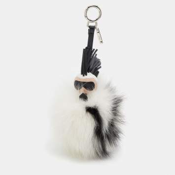 Pre Owned Fendi White/Black Fur and Leather Karlito Silver Tone Bag Charm
