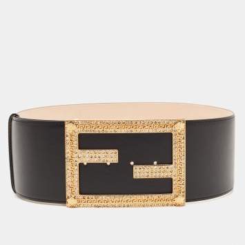Pre Owned Fendi Black Leather Fendace Crystals Embellished Wide Belt 85CM