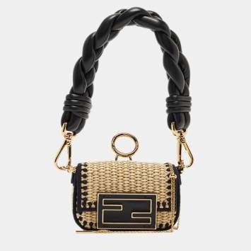 Pre Owned Fendi Beige/Black Raffia and Leather Nano Baguette Charm