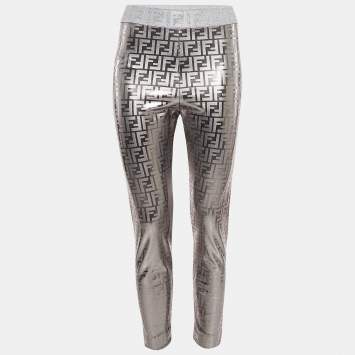 Pre Owned Fendi Silver Monogram Print Knit Trousers M