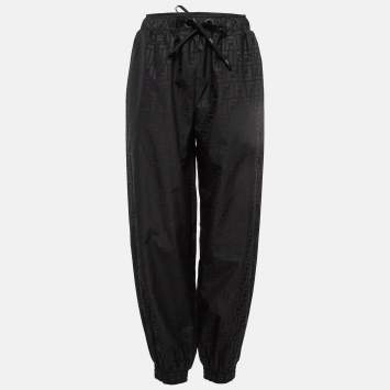 Pre Owned Fendi Black Monogram Printed Synthetic Elasticated Legs Trousers S