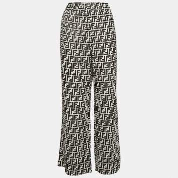 Pre Owned Fendi Black & White Monogram Print Silk Crepe De Chine Wide Leg Pants L