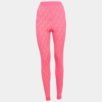Pre Owned Fendi Fluorescent Pink Zucca Knit Leggings M