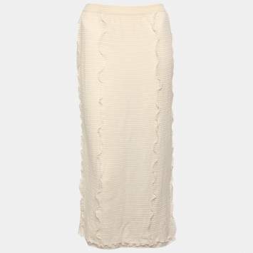 Pre Owned Fendi Cream Knit Ruffled Detail Midi Skirt L