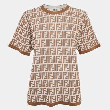 Pre Owned Fendi Brown and White Zucca Logo Print Rib Knit T-Shirt M