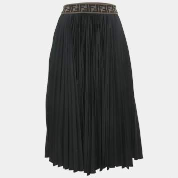 Pre Owned Fendi Black Zucca Waistband Jersey Plisse Midi Skirt S