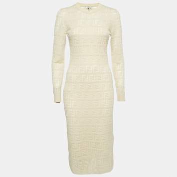 Pre Owned Fendi Guava Cream FF Zucca Jacquard Knit Long Sleeve Short Dress S