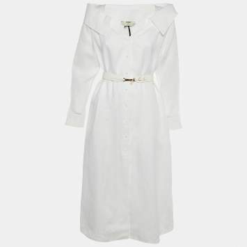 Pre Owned Fendi White Linen Belted Shirt Dress XS