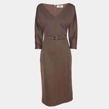 Pre Owned Fendi Taupe Jersey Long Sleeve Midi Dress M