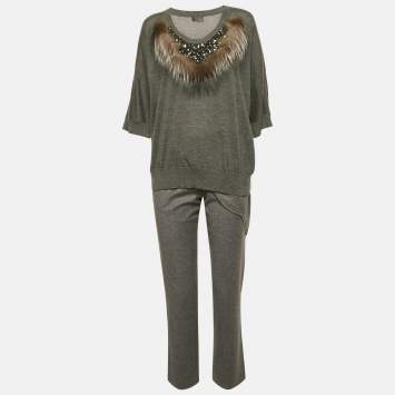Fendi Grey Fur Trim Cashmere and Wool Knit Top and Pants Set S 
