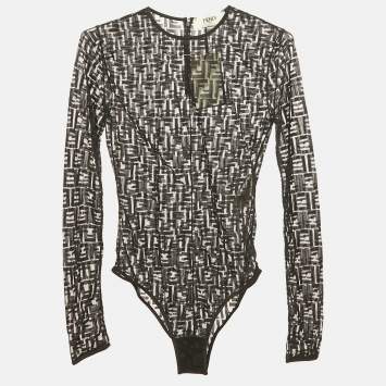 Pre Owned Fendi Black Monogram Jersey Mesh Bodysuit M