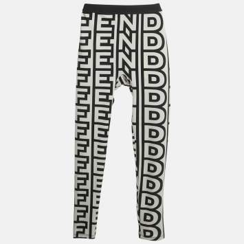 Pre Owned Fendi Black Logo Print Crepe Leggings XS