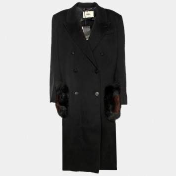 مملوكة مسبقًا Fendi Black Wool and Fox Fur Trim Double Breasted Midi Coat L