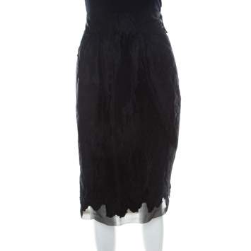 Pre Owned Fendi Black Silk & Wool Applique Knee Length Sheath Skirt L
