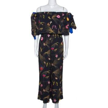 Pre Owned Fendi Black Crepe Printed Off Shoulder Jumpsuit S