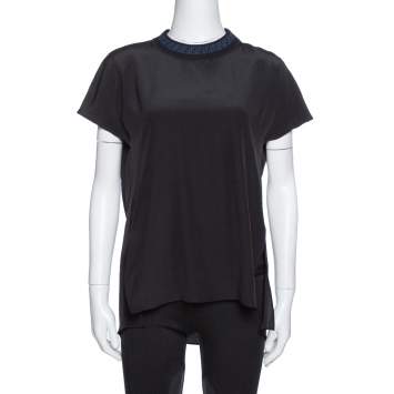 Pre Owned Fendi Black Silk Ribbed Logo Neck Trim Detail Top M