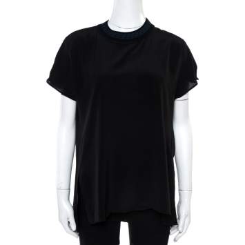 Pre Owned Fendi Black Silk Ribbed Logo Neck Trim Detail Top M
