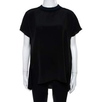 Pre Owned Fendi Black Silk Ribbed Logo Neck Trim Detail Top M