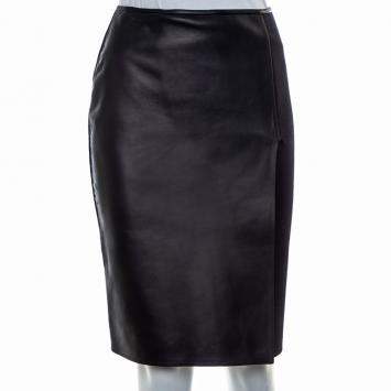 Pre Owned Fendi Black Leather & Knit Slit Detail Knee Length Skirt S