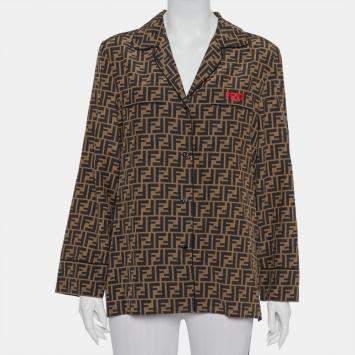 Pre Owned Fendi Brown Zucca Monogram Silk Button Front Shirt M