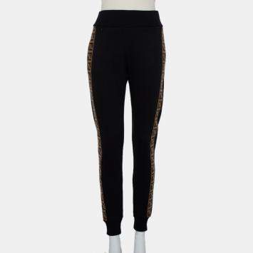 Pre Owned Fendi Black Knit Logo Band Strip Detail Jogger Pants M
