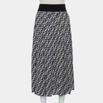 Pre Owned Fendi Monochrome Logo Printed Silk Side Slit Detail Midi Skirt M