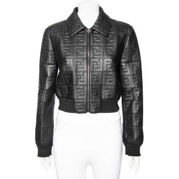 Pre Owned Fendi Black Logo Embossed Leather Cropped Jacket M