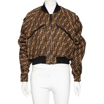 Pre Owned Fendi Brown Zucca Monogram Jacquard Ruched Cropped Bomber Jacket S 