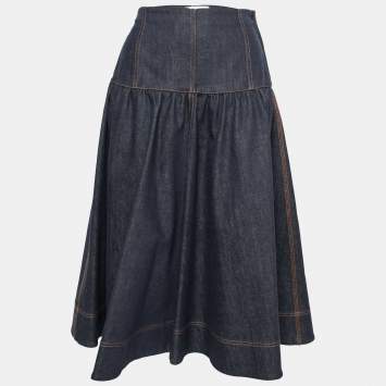 Pre Owned Fendi Blue Denim Palm Logo Embroidered A-Line Midi Skirt S