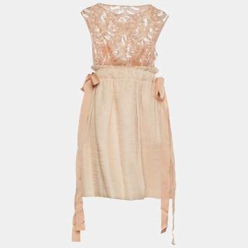 Pre Owned Fendi Beige Silk Embellished Belt Detail Dress M