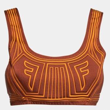 Pre Owned Fendi Burnt Orange Raised Logo Pattern Neoprene Sports Top S  