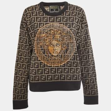 Pre Owned Fendi X Versace Fendace Brown Logo Monogram & Studded Wool Knit Sweatshirt M