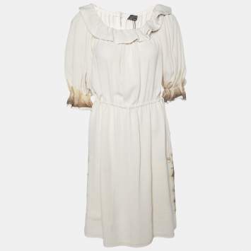 Pre Owned Fendi Cream Silk Crepe Ruffled Mini Dress M